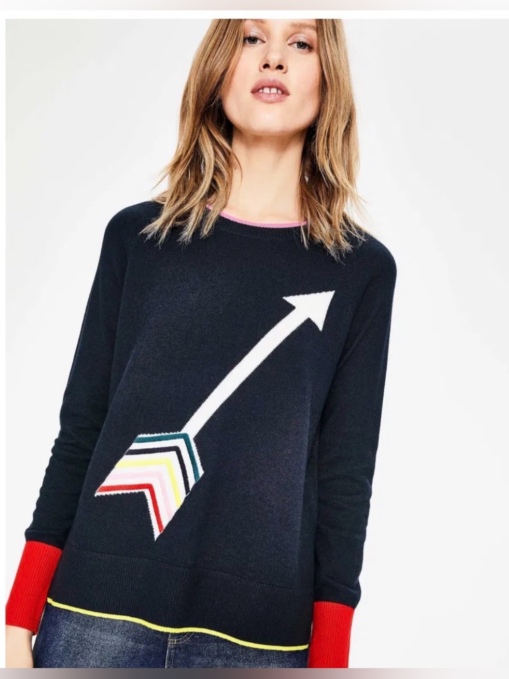 Boden Romy Jumper Premium Wool Blend Sweater in Blue w Intarsia Arrow Motif - M